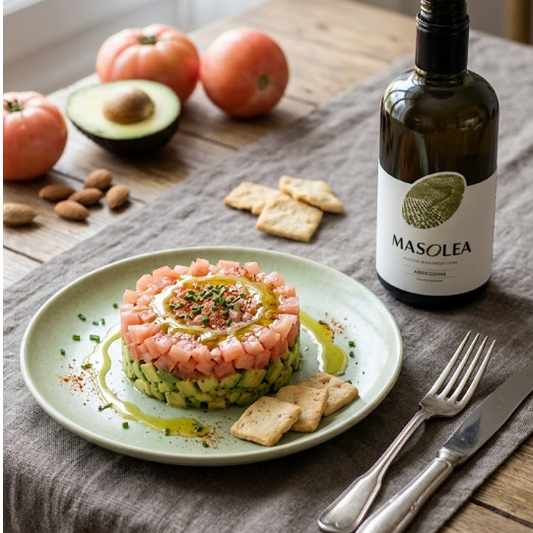 Tartar de tomate rosa y aguacate: frescura absoluta con AOVE Masolea Arbequina